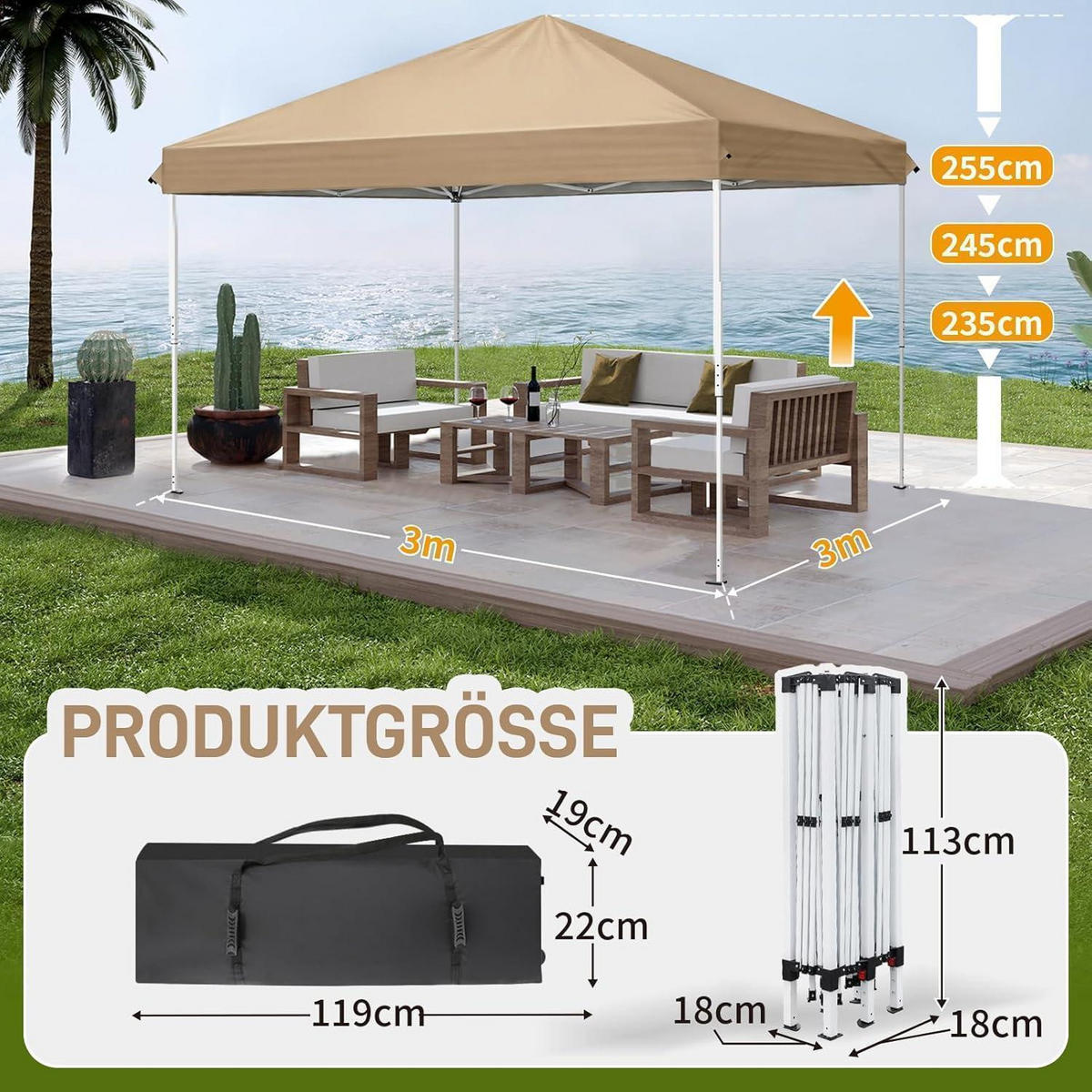 FALTPAVILLON 3 x 3 m Khaki Wasserdicht UV-Schutz 50+ mit 4 Seitenteilen - Olivgrün, Textil (300/255/300cm)