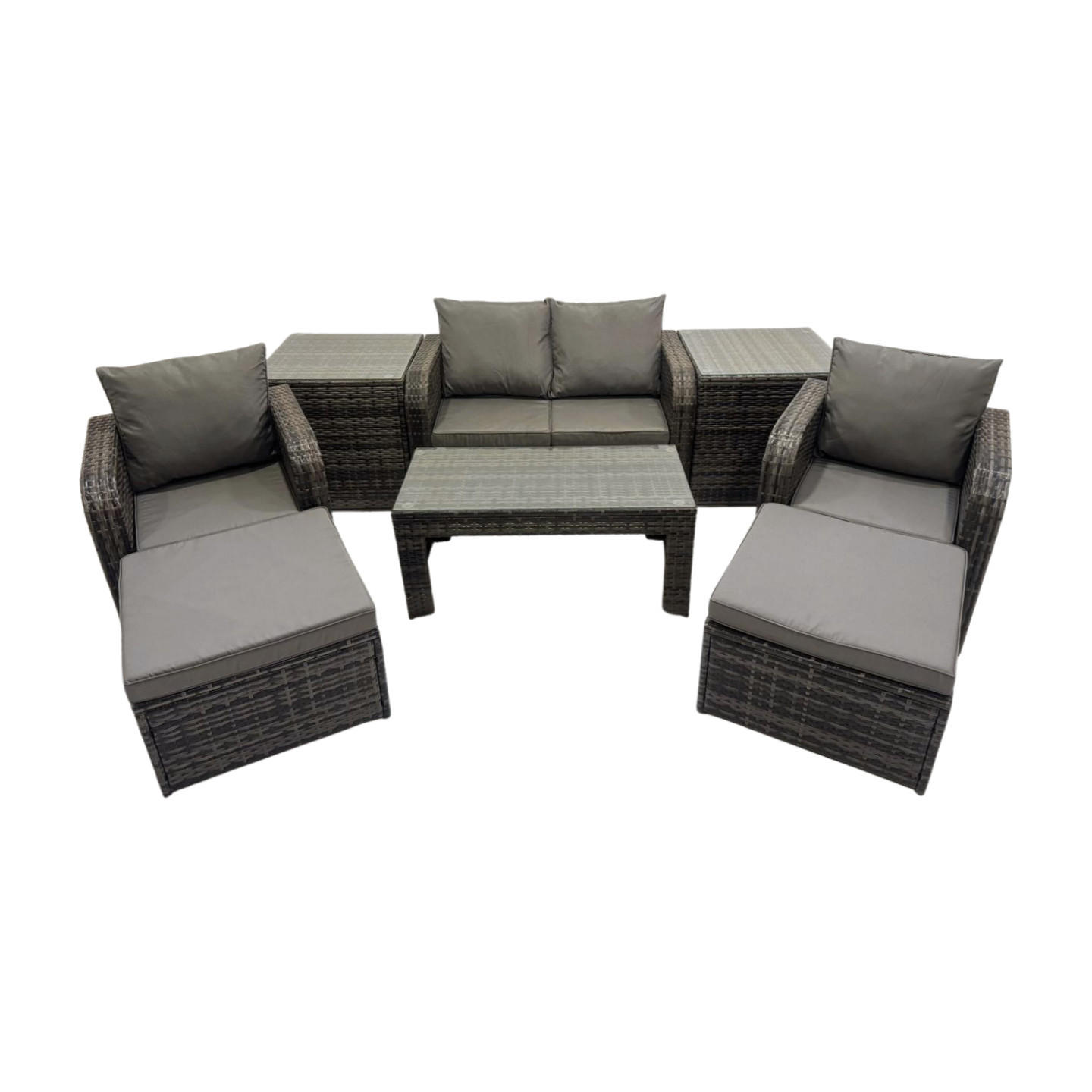 GARTENSOFA SET mit COUCHTISCH Polyrattan 5-Sitzer - Dunkelgrau/Grau, Glas/Kunststoff - Fimous