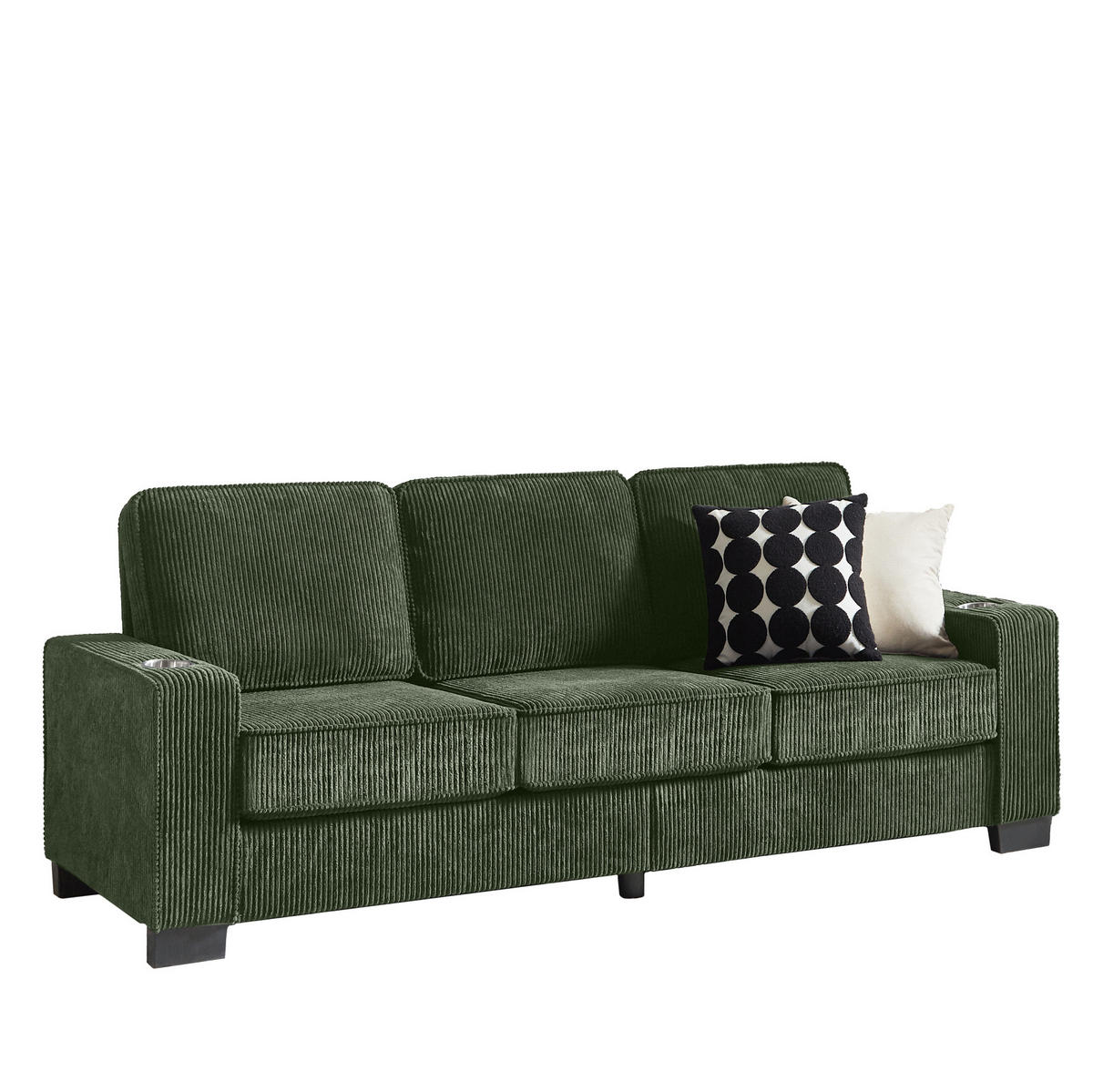 SOFA 3-Sitzer mit Getränkehaltern Cord Grün 206 cm - Grün, Holzwerkstoff (206/86/76cm) - Meubliv