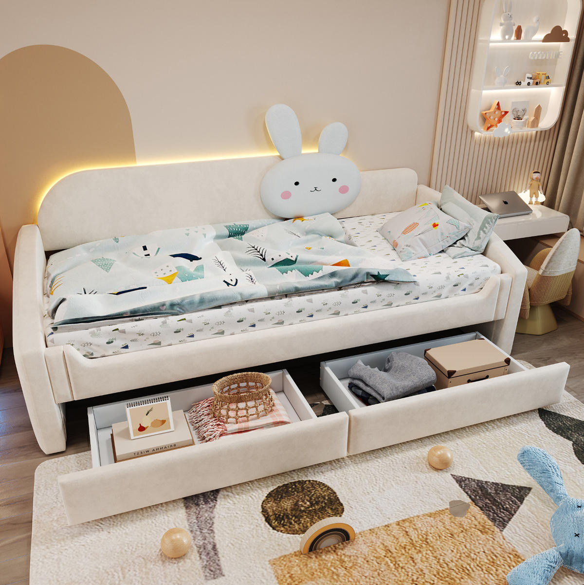 POLSTERBETT 90/200 cm aus Samt mit LED-Beleuchtung, Beige - Beige, Textil (90/200cm) - OKMYHOME