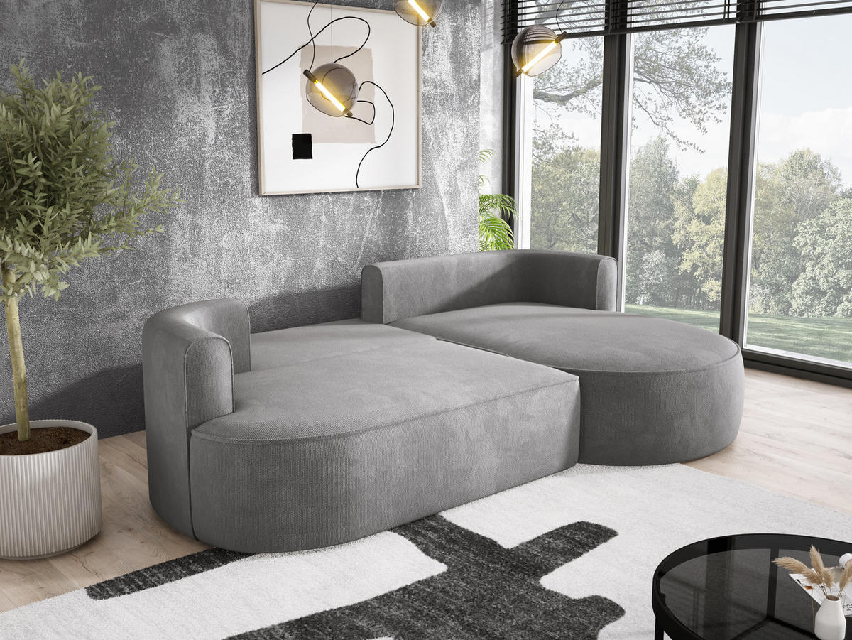ECKSOFA FIORE-L Moderne Ausziehbare Schlaf-Funktion, automatischer Auffaltung, lose Rückenkissen freistehend RECHTS 284x183x82 cm cm Silver - Silberfarben, Holz/Textil (284/183cm) - DomoHome