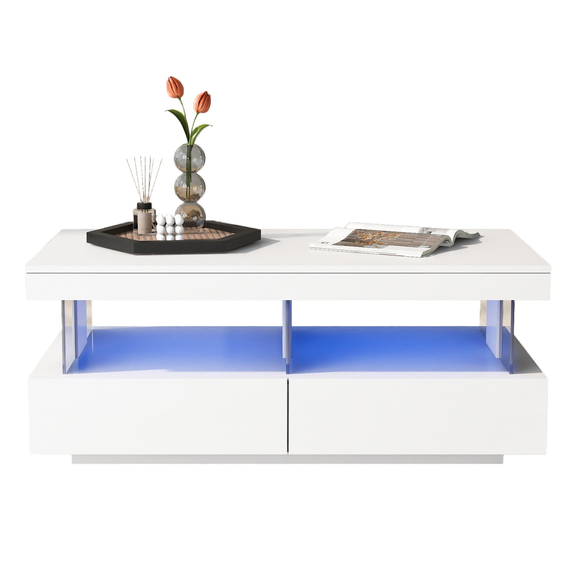 KONFERENČNÍ stolek 100/60/49,5 cm bílý z dřevotřísky s LED osvětlením a 2 zásuvkami - bílá, kompozitní dřevo (100/60/49.5cm) - OKWISH