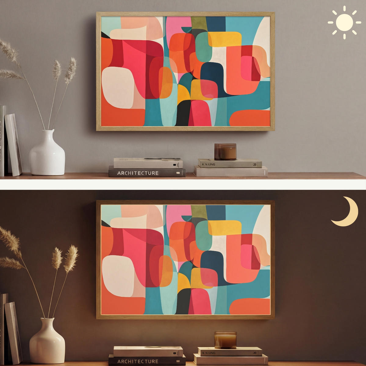 NÁSTĚNNÁ LAMPA S AKUMULÁTOREM Tvary - barevné - abstraktní - letadla 60x40 cm - různobarevná, kompozitní dřevo (60/40/8cm) - OnlyWow