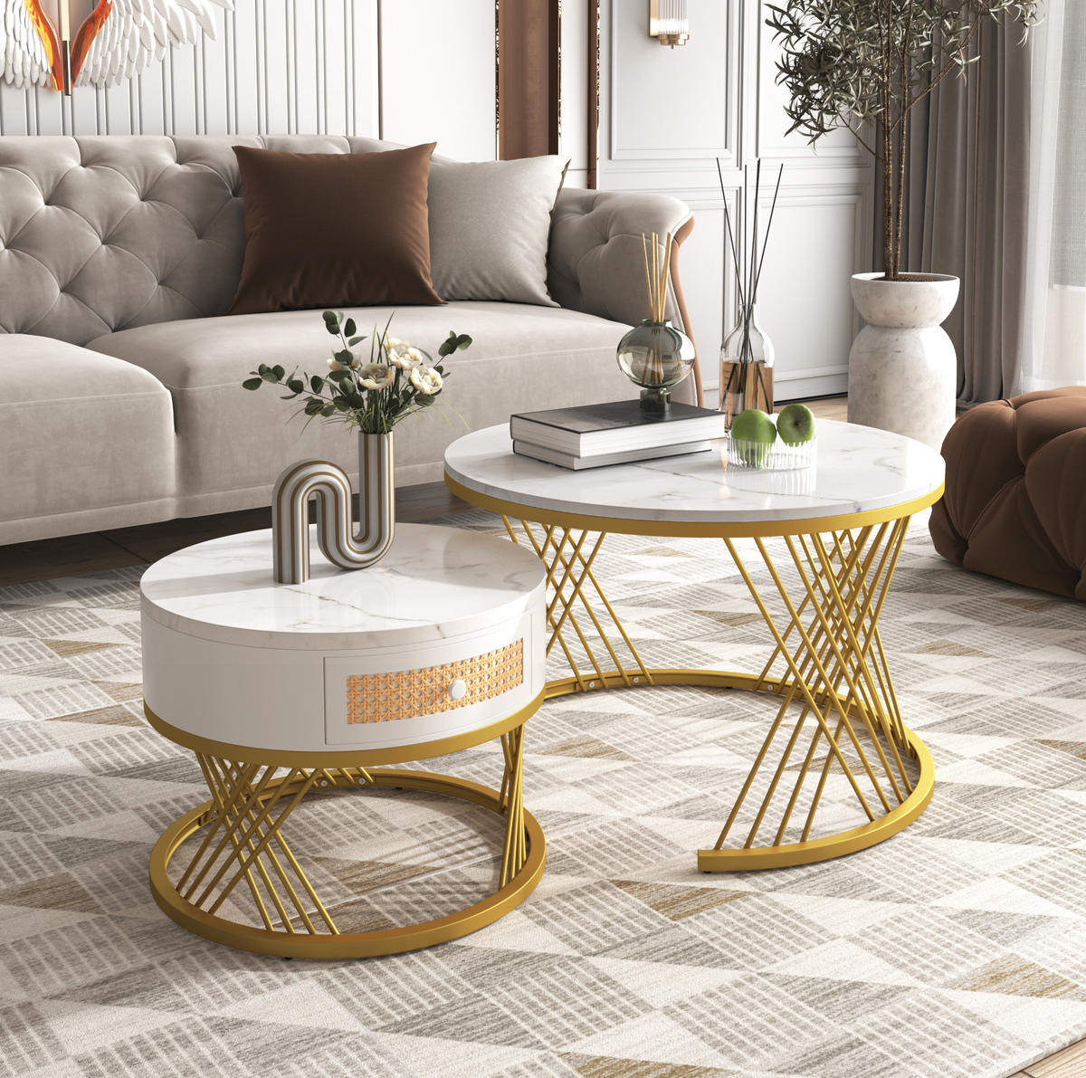 COUCHTISCH-SET 70/70/45,5 + 50/50/38,5 cm in Weiß mit Schublade und Marmormuster - Weiß, Holzwerkstoff (70/70/48cm) - Flora Grace