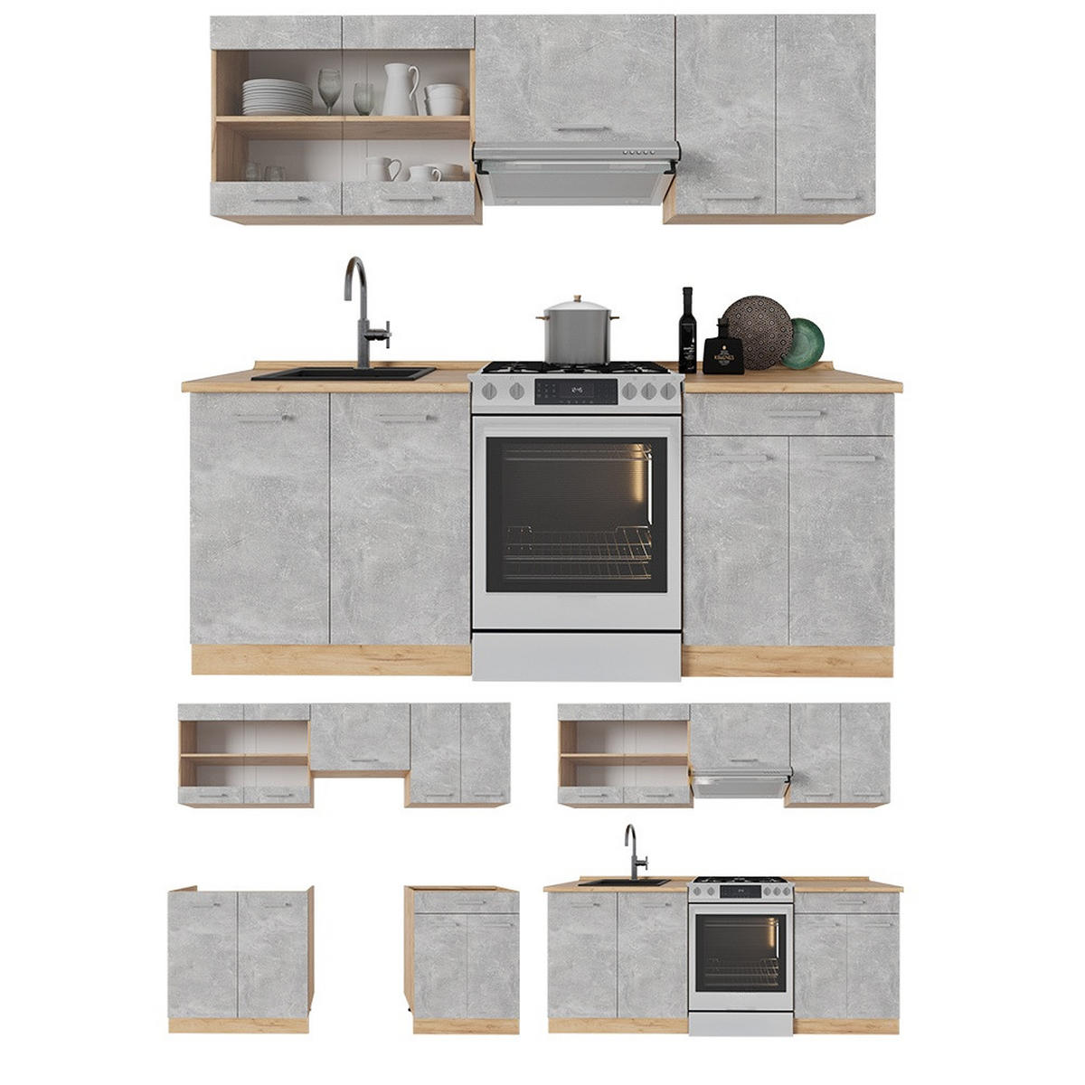 KUHINJSKI BLOK R-Line Beton/zlati hrast 200 cm , DP Marmor - siva/medeni hrast, leseni material (200/81.6/60cm) - Vicco