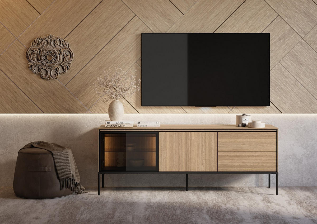TV Element VISSO VI-07 167cm mit Beleuchtung Eiche linear - Eichefarben, Holzwerkstoff (167/62/41cm) - Lookway