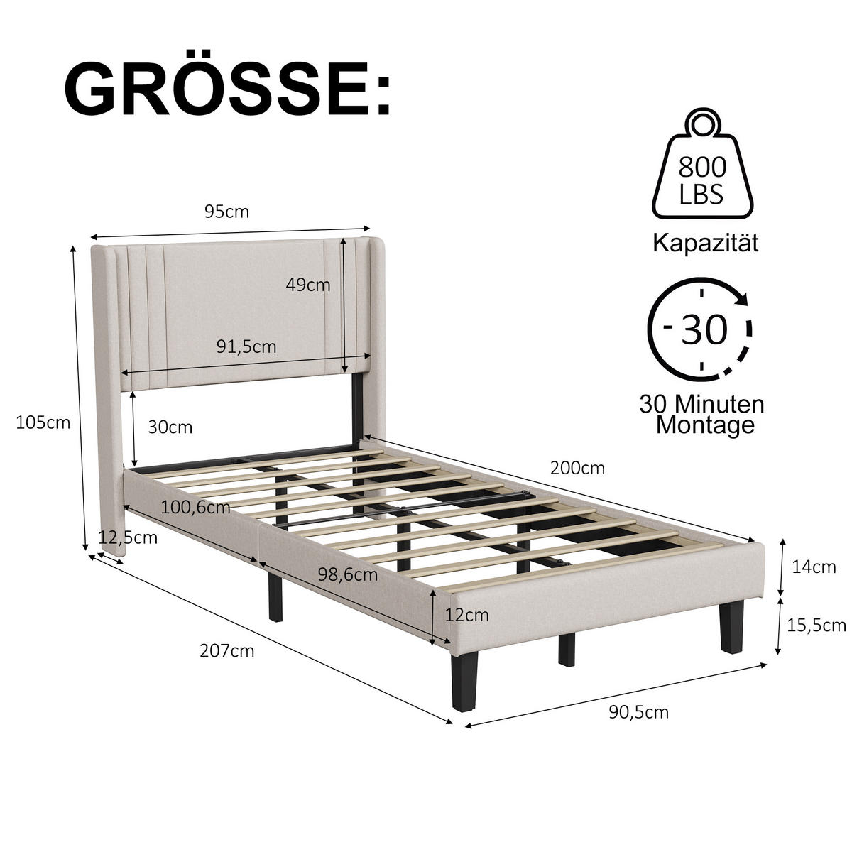 POLSTERBETT 90x200 cm Einzelbett mit Lattenrost, Leinenstoff Beige - Beige, Metall (90/200cm) - EuroLiving