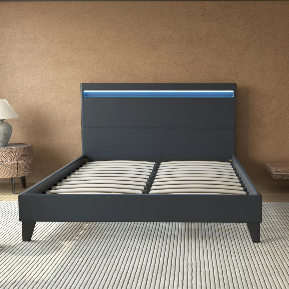 BETT 140x190 cm mit Kopfteil aus schwarzem Kunstleder - Schwarz, Naturmaterialien (140/200cm) - November Sleep