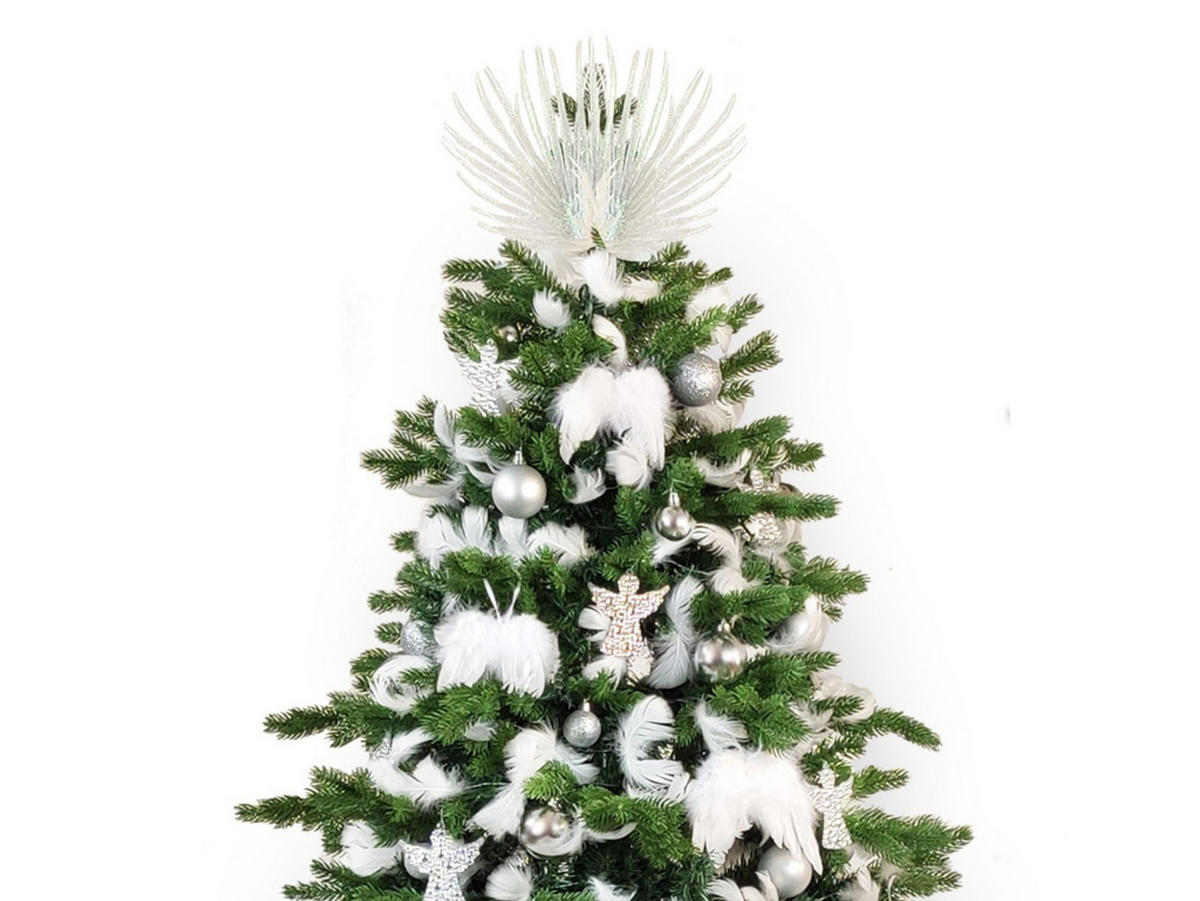 LAALU WEIHNACHTSBAUM geschmückt künstlich mit 97 Stk Kugeln ANGEL WINGS 210 cm mit Metallständer - Silberfarben/Weiß, Kunststoff (210cm) - LAALU
