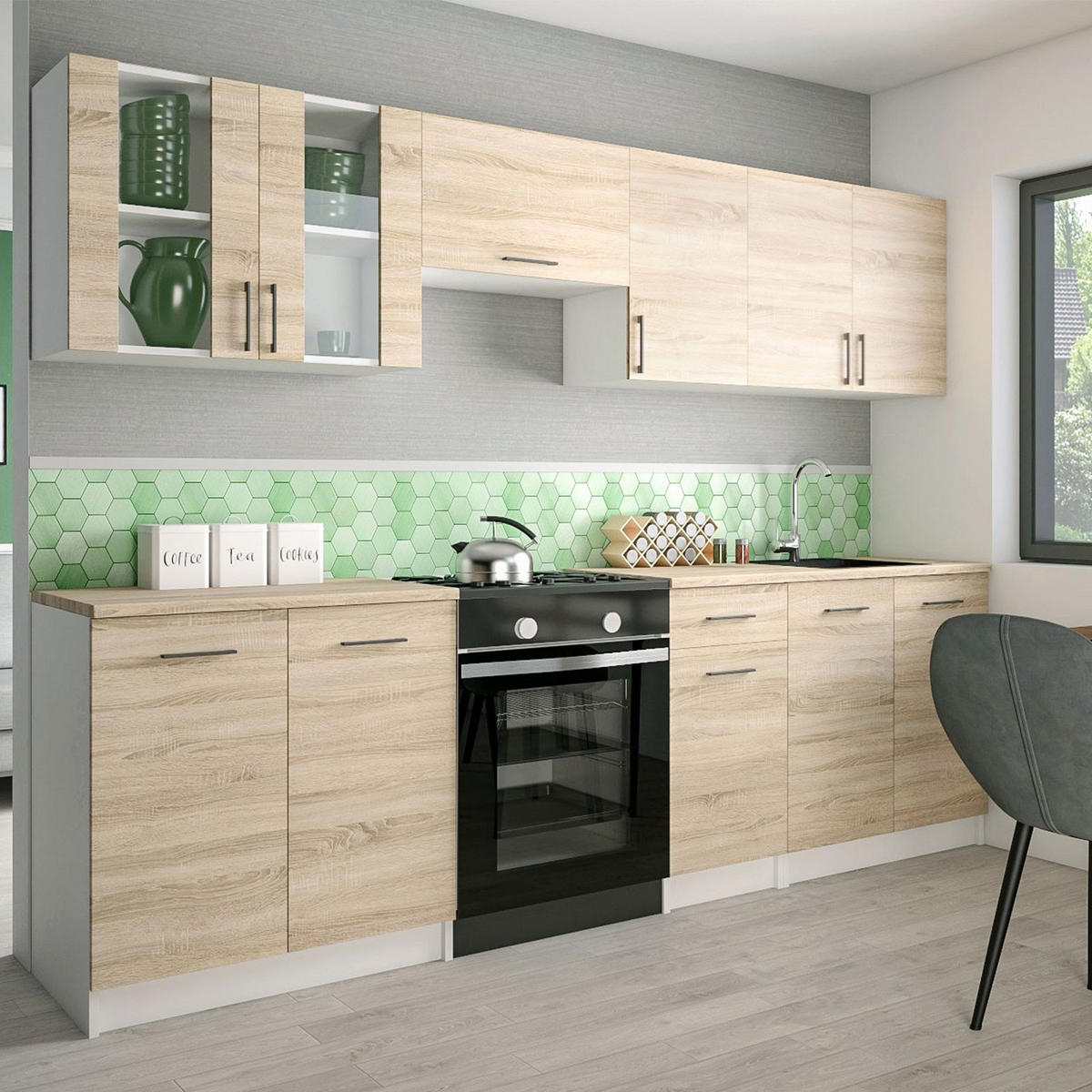 KÜCHENZEILE LECO 260 licht sonoma - Sonoma Eiche, Holzwerkstoff (260/82/46cm) - roe furniture