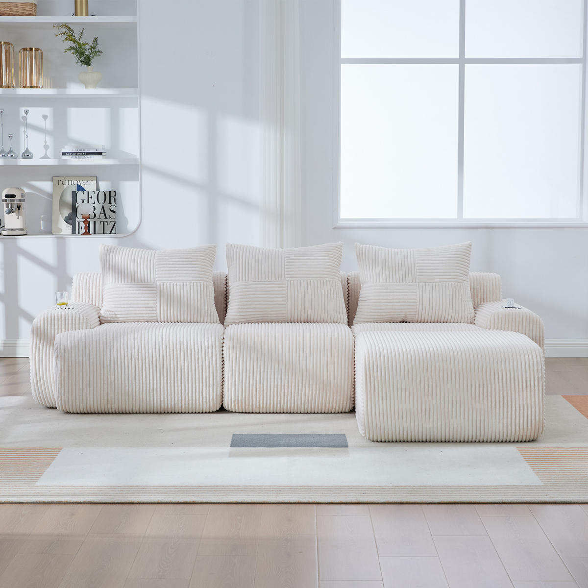 ECKSOFA 268/174/80 cm Beige mit Fußhocker, 2 Becherhalter und Aufbewahrungstaschen - Beige, Textil (268/174cm) - Oxeza