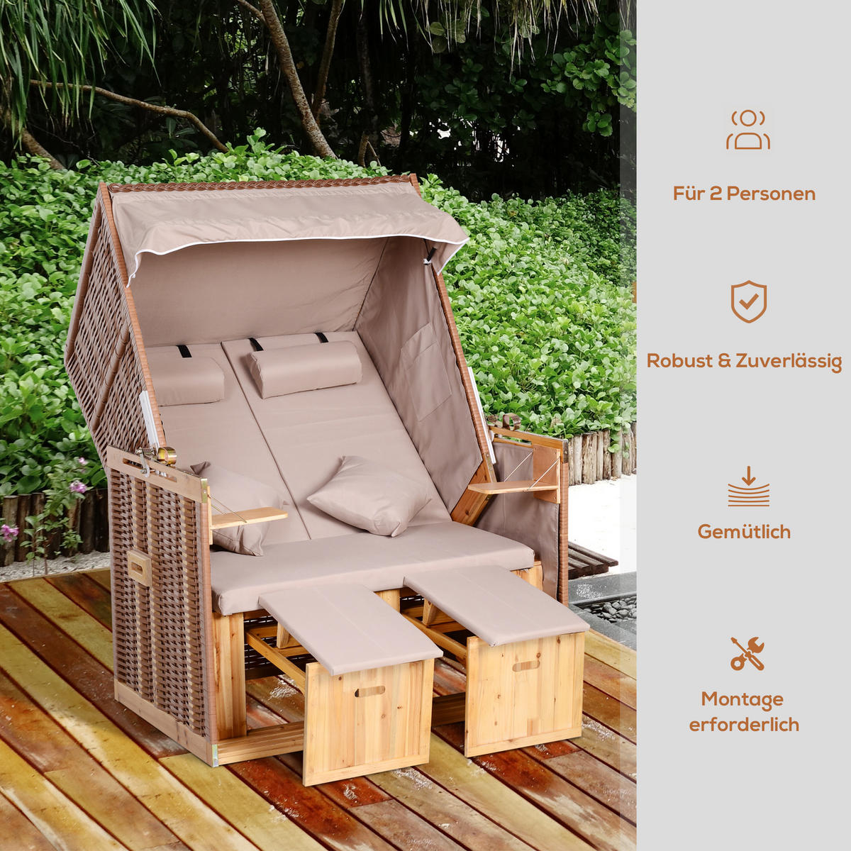 STRANDKORB mit Klapptisch Sitzhocker Getrankehaltern PE Rattan Beige - Beige, Kunststoff (79/150/118cm) - Outsunny