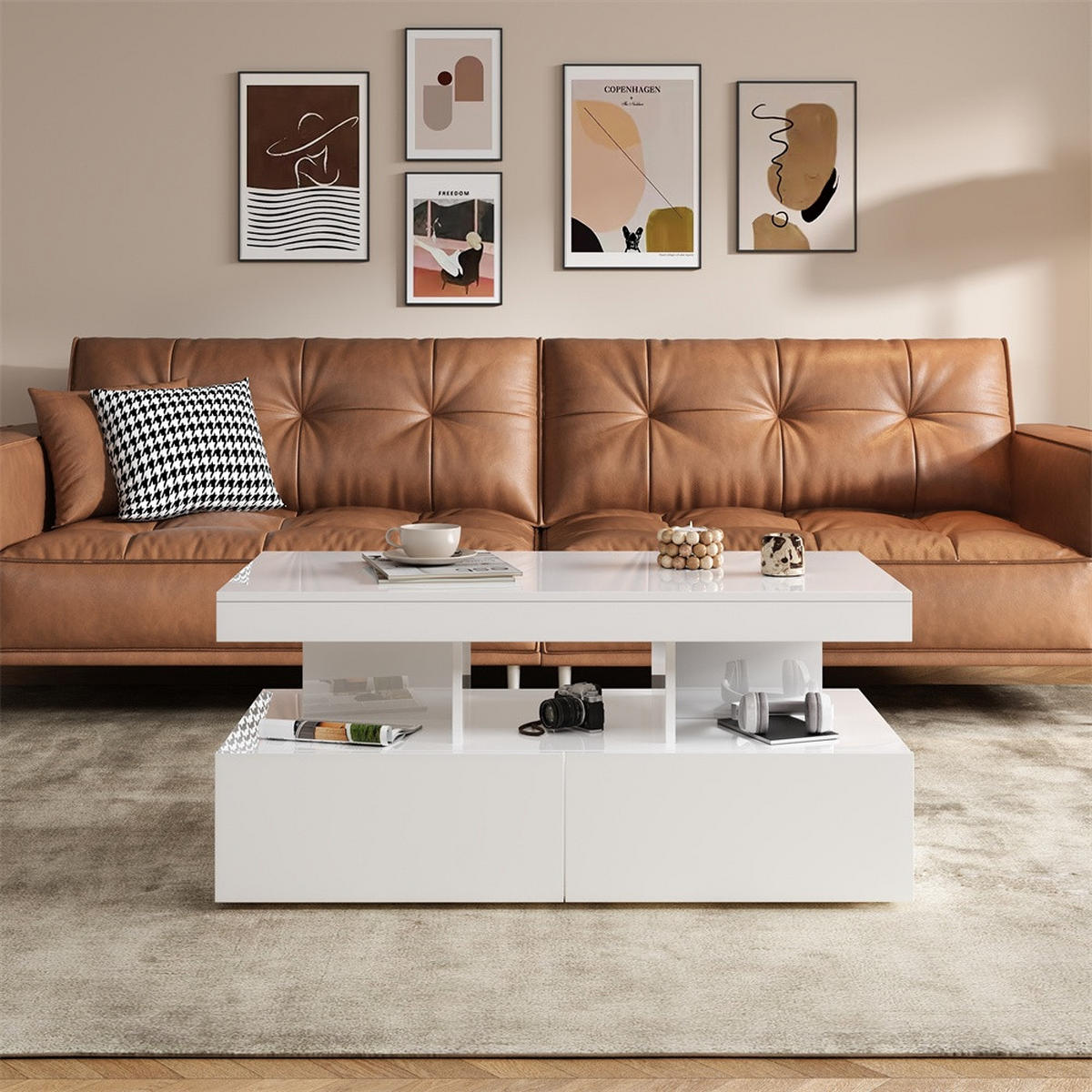 COUCHTISCH in Hochglanz-Weiß mit LED-Beleuchtung und 2 Schubladen - Weiß, Holzwerkstoff (104/53/46cm) - DELFA