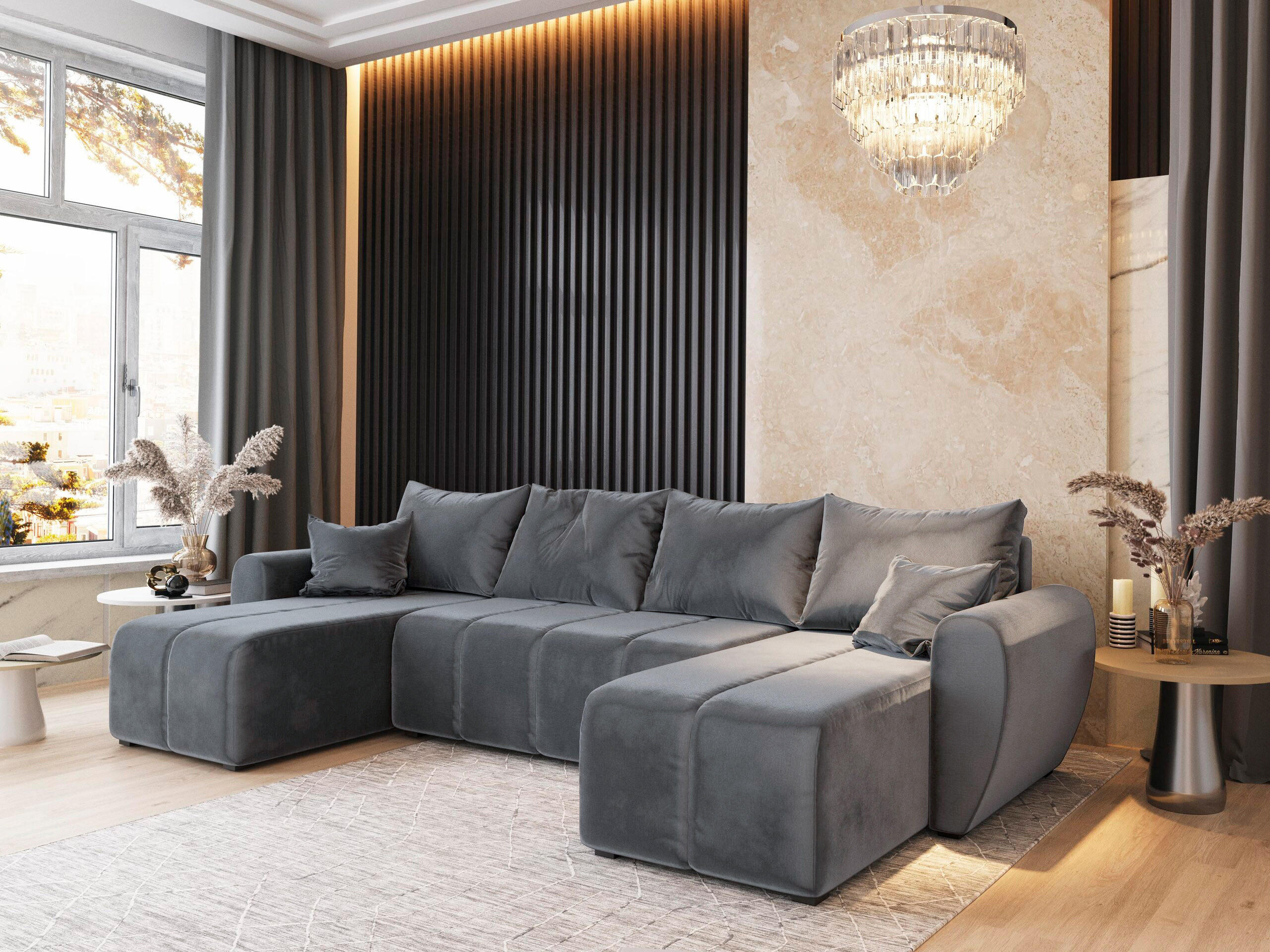 WOHNLANDSCHAFT MADISON U Grau Plüsch-Stoff mit Schlaffunktion - Grau, Holz (311/82/145cm) - MASSENO