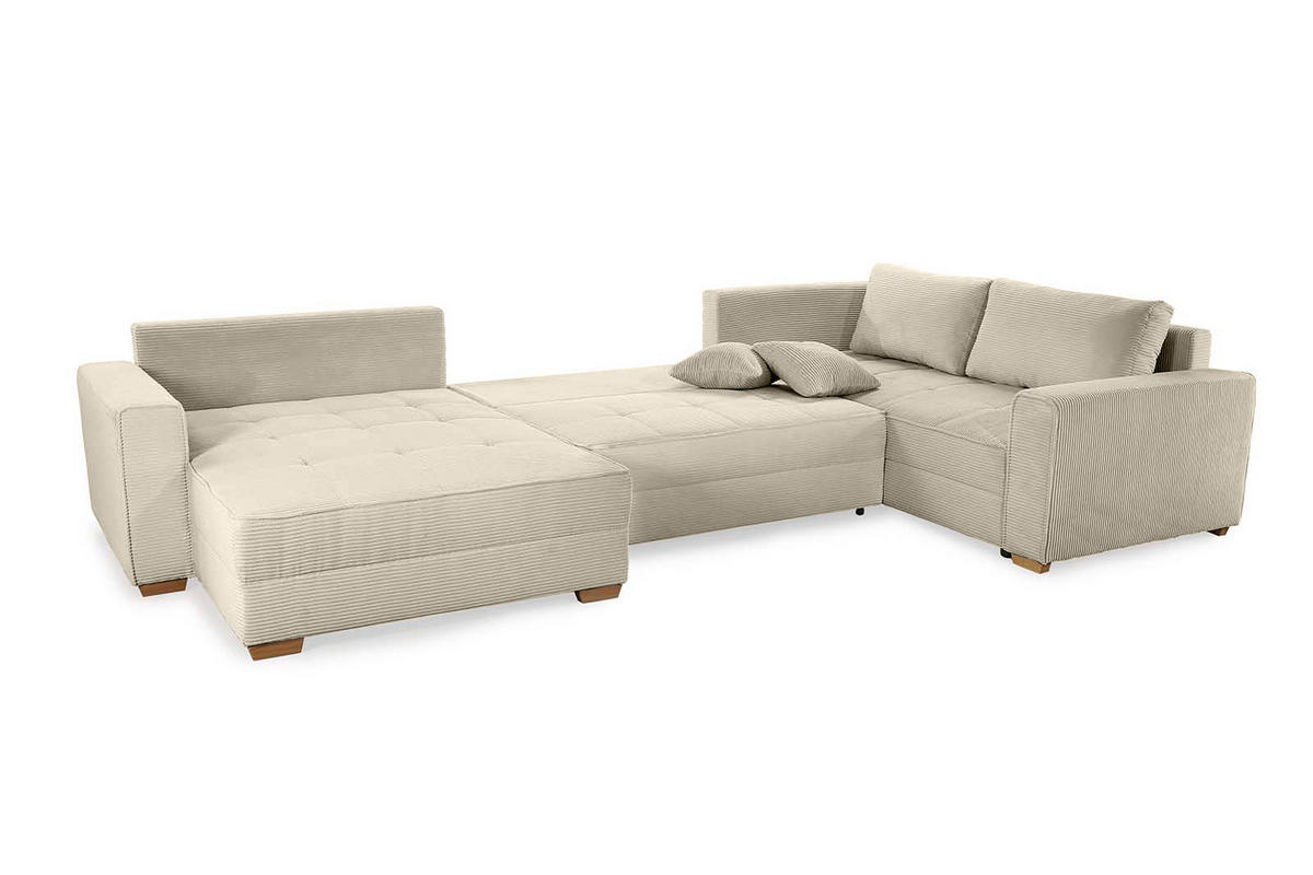 WOHNLANDSCHAFT Schlaffunktion Bettkasten Wellenunterfederung, spiegelverkehrt montierbar U-Form B379/T227/H86 cm, Cord Beige Grau / 15200 - Greige/Eichefarben, Holz/Textil (379/86/227cm) - luma-home