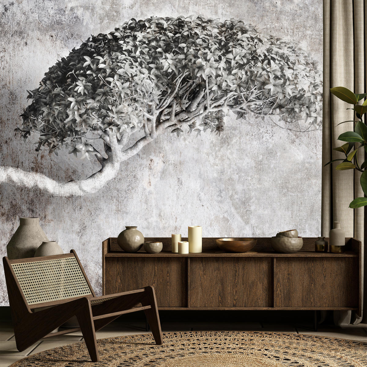 FOTOTAPETE Abstrakter Baum Beton Vintage Grau Blätter Natur 500x350 - Schwarz/Grau, Papier (500/350cm) - Muralo