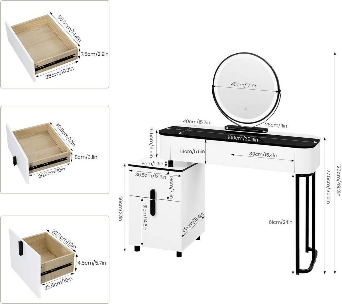 SCHMINKTISCH mit LED, Glasplatte, Seitenschrank, Weiß+Schwarz - Schwarz/Weiß, Holzwerkstoff/Metall (100/125/40cm) - Woltu