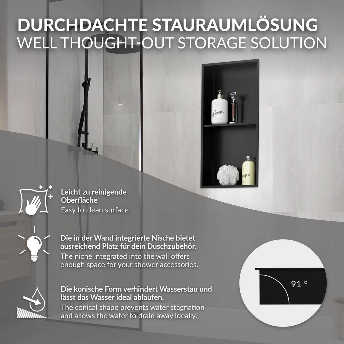 DUSCHNISCHE Schwarz 30/60 cm - Schwarz, Metall (30/60/10cm) - LuxeBath