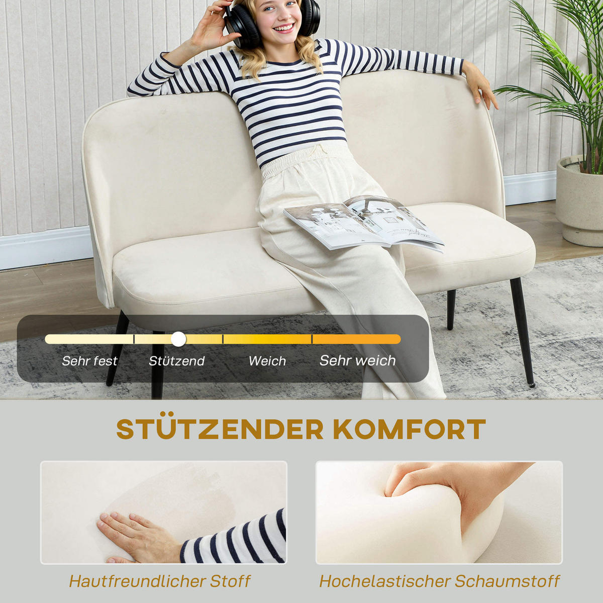 SOFA 2-Sitzer kleine Couch 127 cm mit Samtoptik, geschwungene Rückenlehne Beige - Beige/Schwarz, Textil/Metall (63/84.5/127cm) - HOMCOM