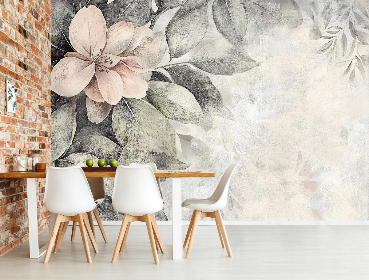 FOTOTAPETE Blätter Vintage Beton Wohnzimmer Tapete 300x210 - Multicolor, Papier (300/210cm) - Wallarena