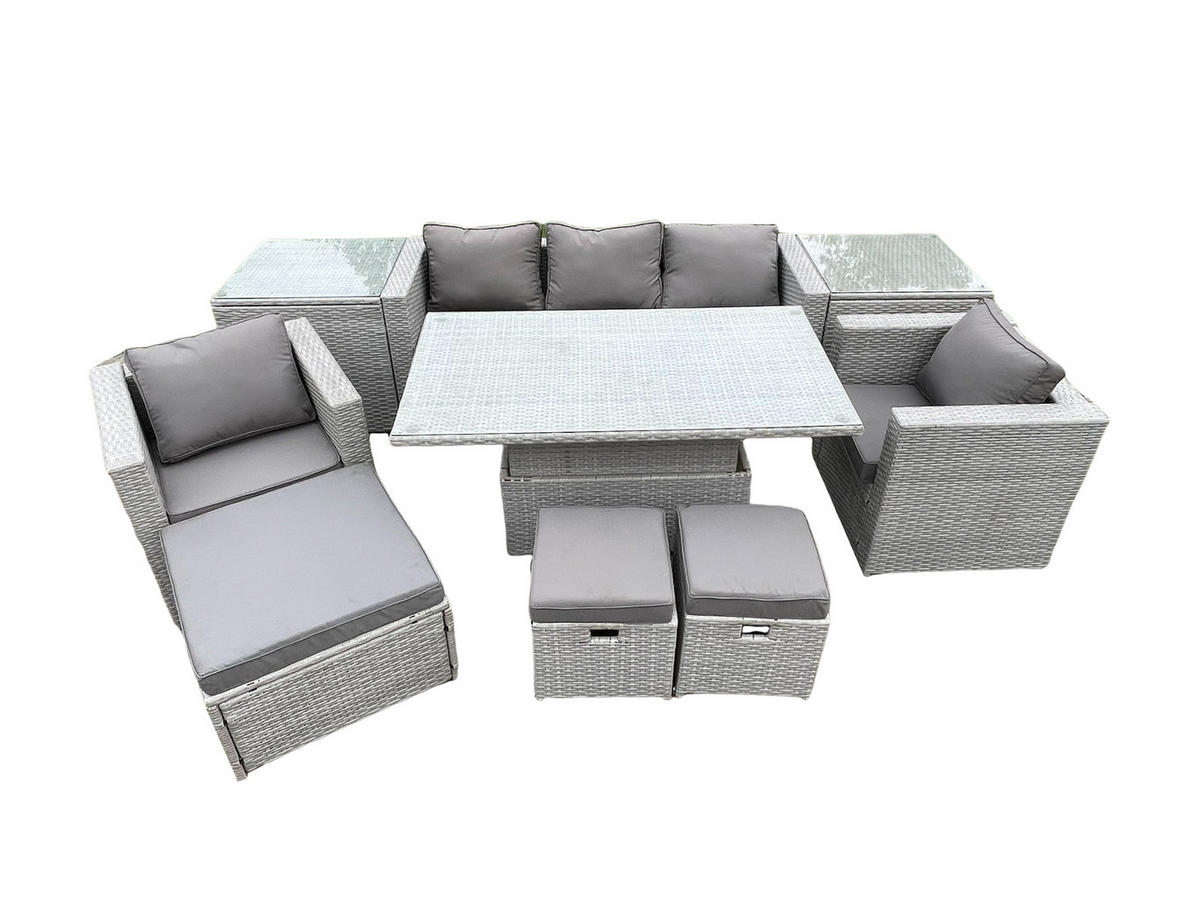 GARTENMÖBEL SET mit höhenverstellbarer Tisch Polyrattan Helles Grau 8-Sitzer - Hellgrau, Metall - Fimous