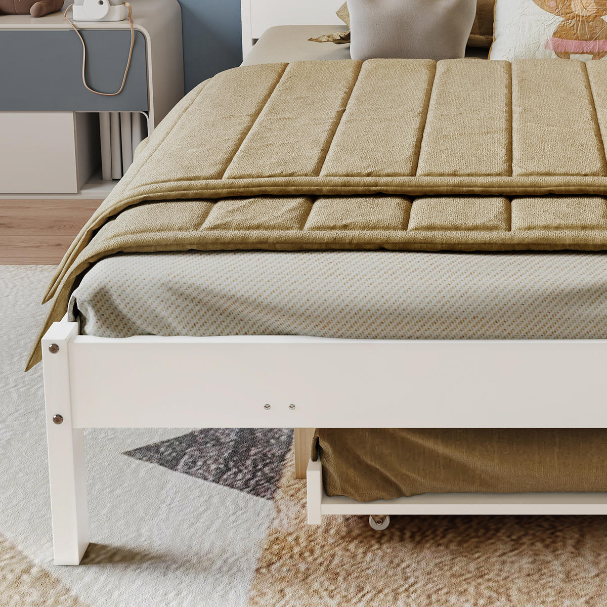 BETT 120/200 cm in Weiß mit Ausziehbett, gepolstertem Kopfteil, Kopfteilregal, LED und Ladestation aus Holz - Weiß/Grau, Holzwerkstoff (120/200cm) - STILVORA
