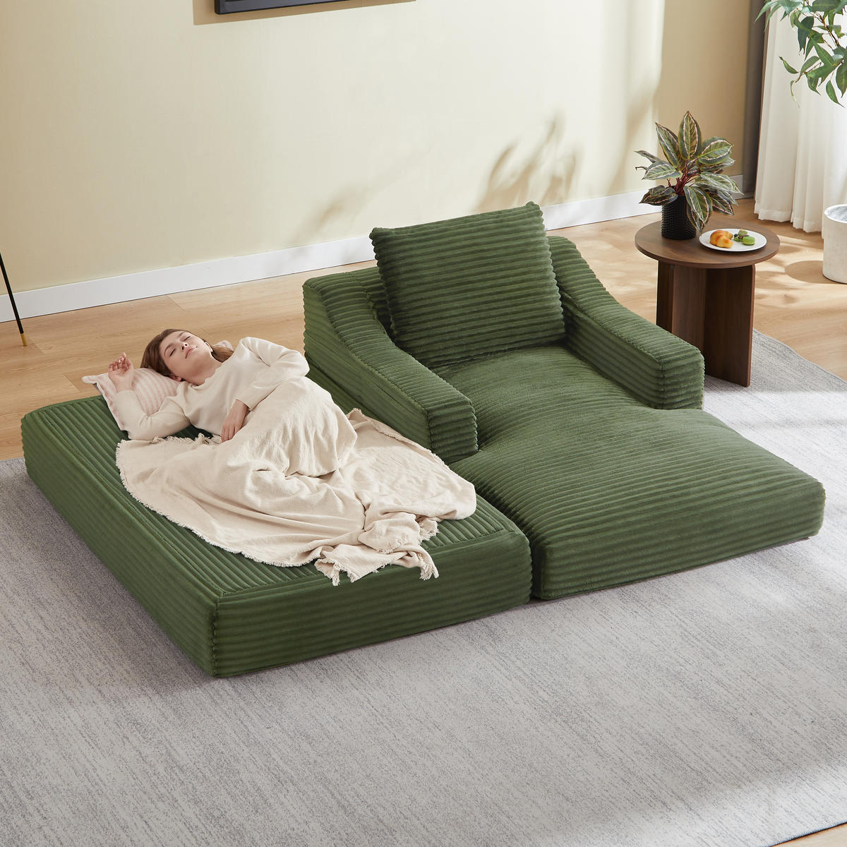 SOFA Cord Grün mit Schlaffunktion - Grün, Textil (100/68/162cm) - WISHDOR