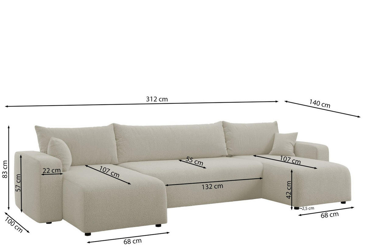 WOHNLANDSCHAFT Pianoni Hellbraun Bouclé-Bezug - Hellbraun/Schwarz, Kunststoff/Textil (312/83/140cm) - Selsey