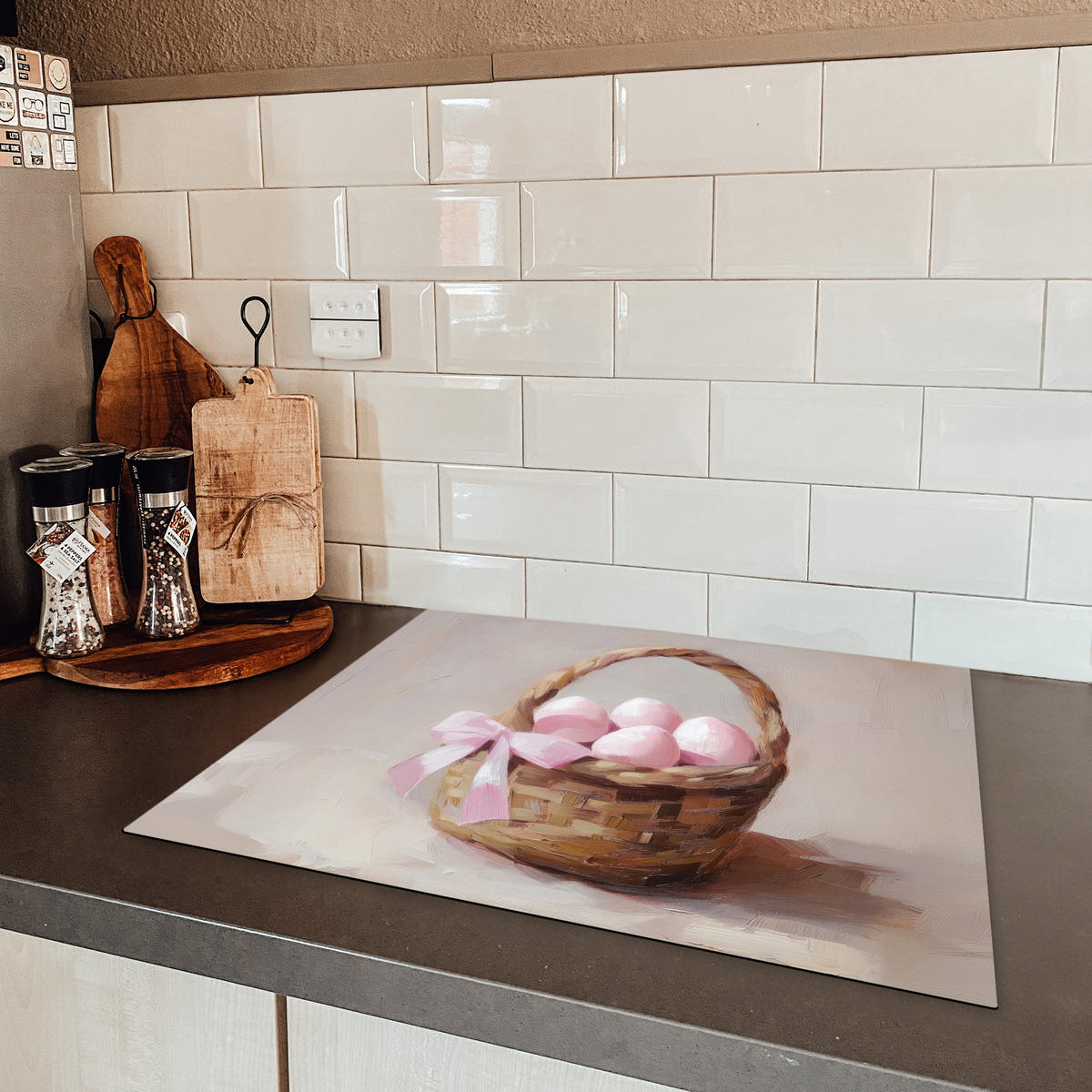 HERDABDECKPLATTE Korb - Eier - Rosa Herdabdeckung Induktionsfeld 65x52 cm - Beige, Kunststoff (65/52/0.2cm) - MuchoWow