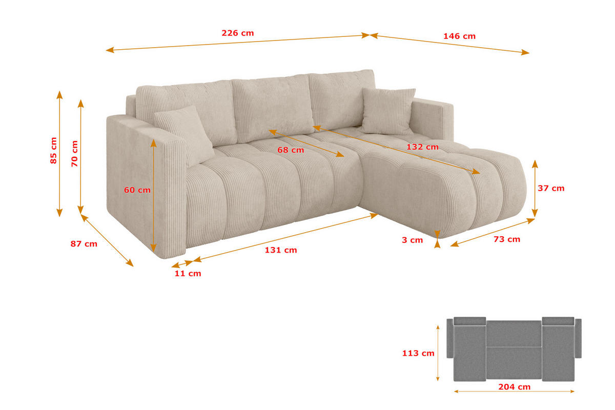 ROHOVÁ SEDAČKA s funkcí spaní, otoman vpravo GARD-L 226x146x85 béžová manšestr - černá/béžová, kompozitní dřevo/textil (226/146cm) - ALTDECOR