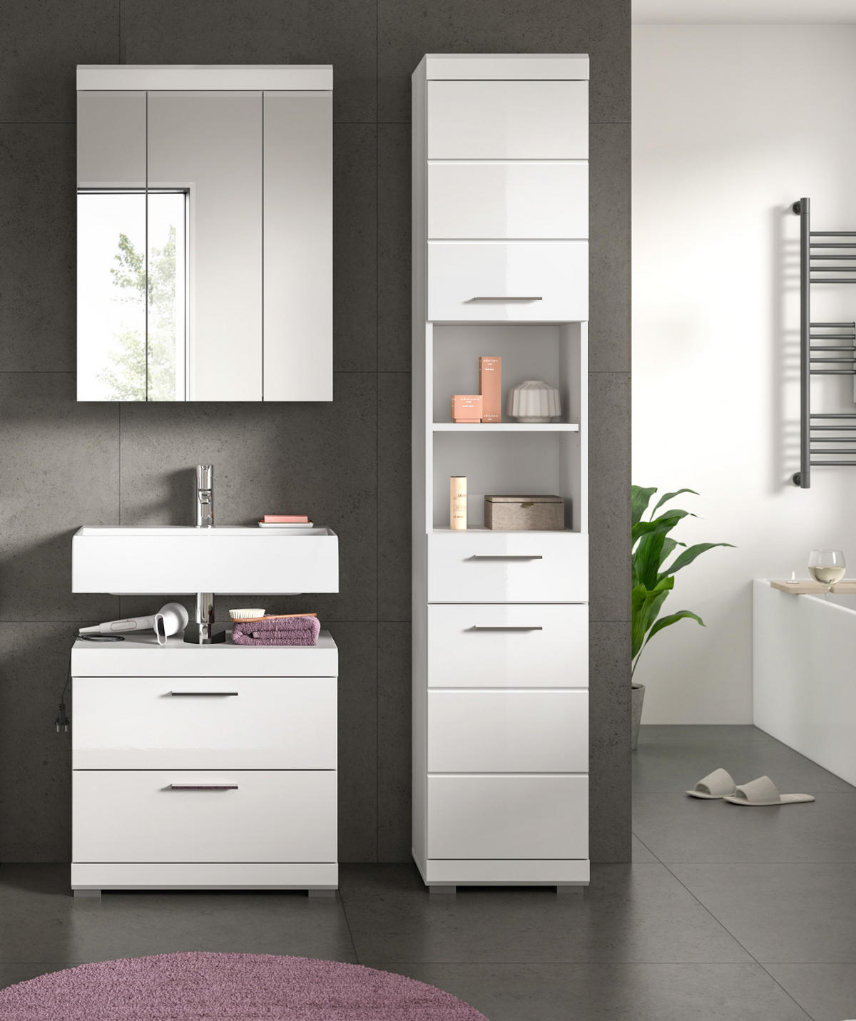 BADMÖBEL-SET weiß Hochglanz 3-teilig 112 cm, Komplettset mit viel Stauraum - Weiß Hochglanz, Glas/Holzwerkstoff (112/191/37cm) - Inn.Furn