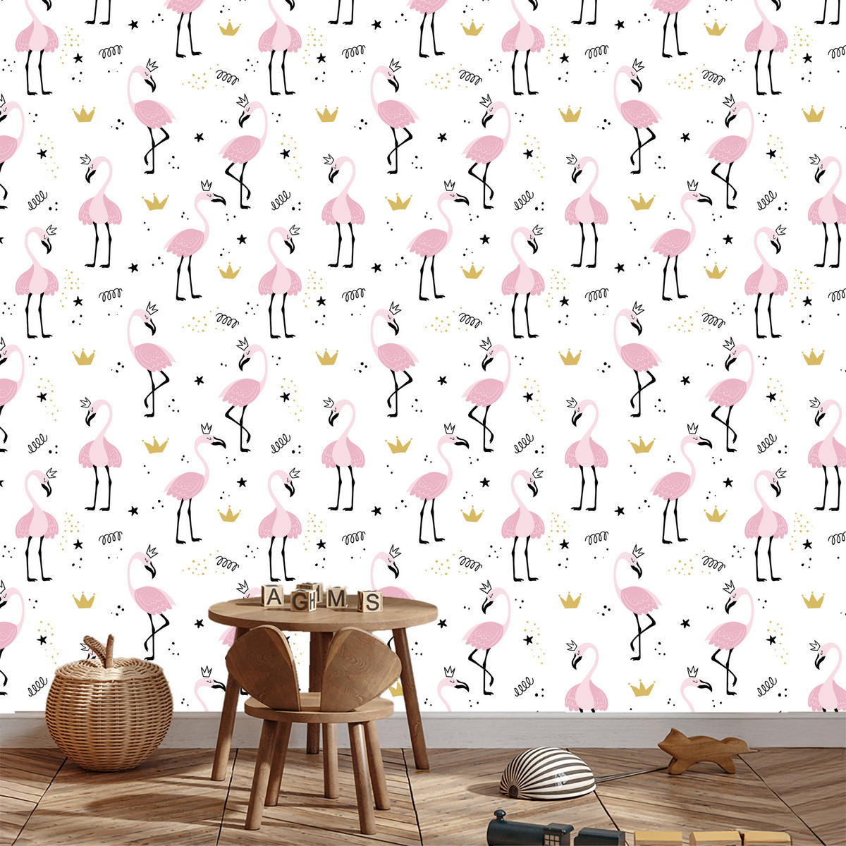 VLIESTAPETE Flamingos und Sterne – Rosa, Schwarz, Weiß – 50x1000 cm - Schwarz/Rosa, Papier (50/1000cm) - Muralo