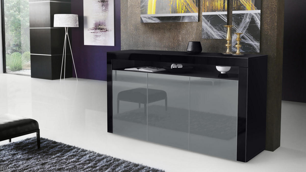 SIDEBOARD Valencia Grau Hochglanz / Schwarz Hochglanz - Grau, Holzwerkstoff (155/92/40cm) - Vladon