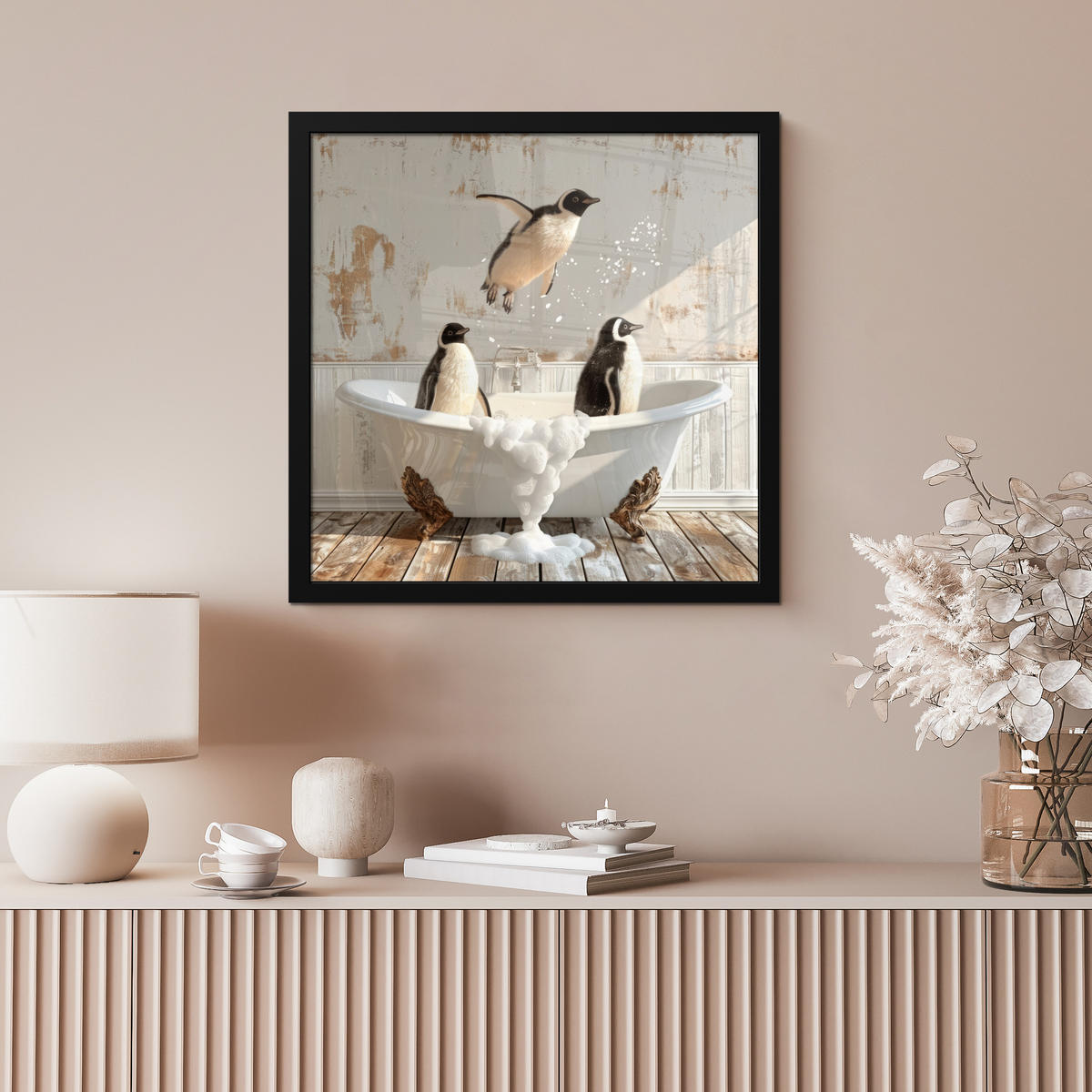 ZARÁMOVANÝ PLAGÁT Vintage - Tučniak - Vaňa - Pena 40x40 cm - čierna, papier (40/40cm) - MuchoWow