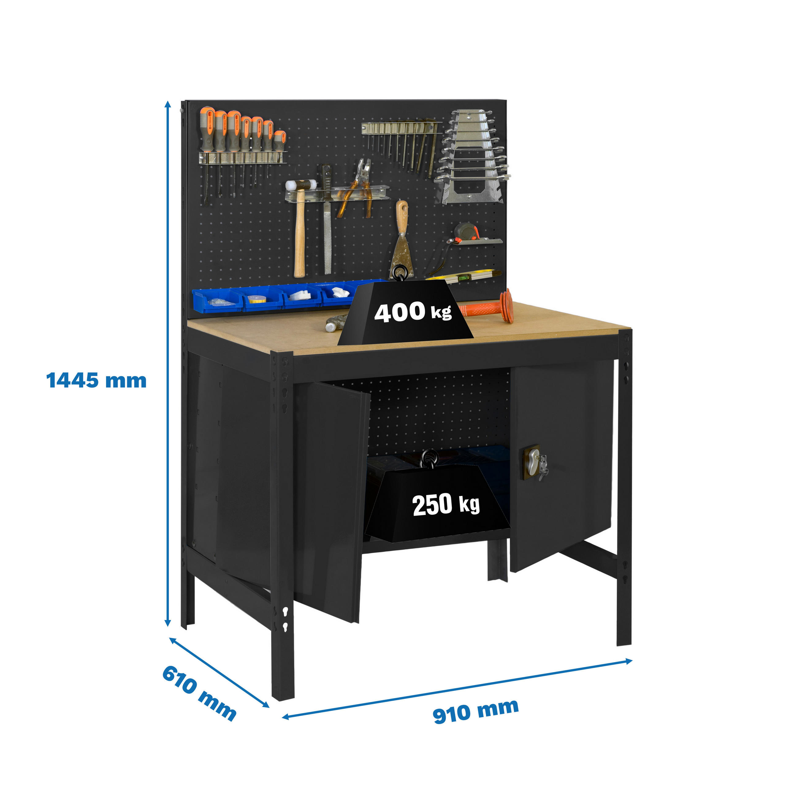 WERKBANK BUFFALO mit Werkzeugwand und Schrank | HxBxT 84x90x61cm | Traglast 400kg | Anthrazit - Anthrazit, Metall (90/84/61cm) - PROREGAL