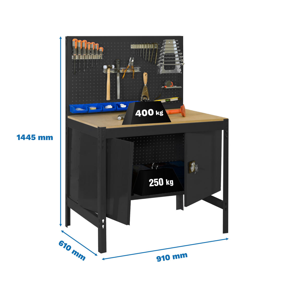 WERKBANK BUFFALO mit Werkzeugwand und Schrank | HxBxT 84x90x61cm | Traglast 400kg | Anthrazit - Anthrazit, Metall (90/84/61cm) - PROREGAL