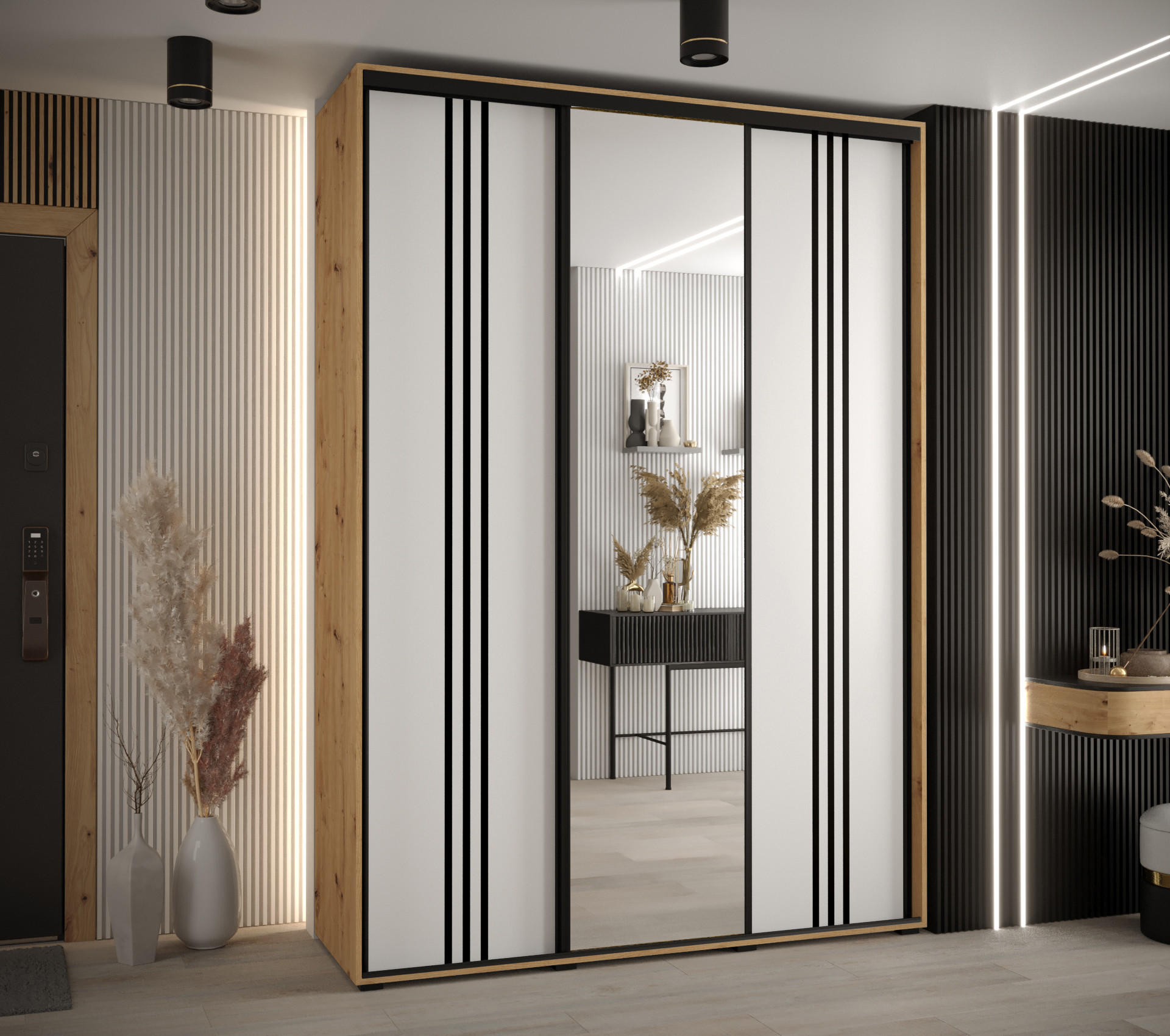 SCHWEBETÜRENSCHRANK 235,2/170/45 3-türig - Schwarz/Eiche Artisan, Holz/Metall (170/235/45cm) - Abiks Möbel