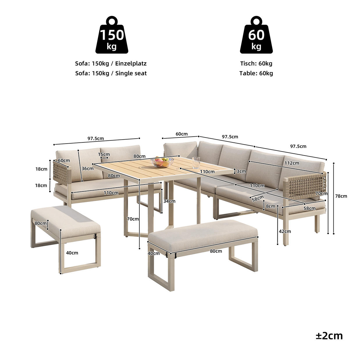 GARTEN-LOUNGE-SET 110/58/78 cm mit Esstisch, verstellbaren Füßen und abnehmbaren Bezügen, Beige - Beige, Metall - Redom