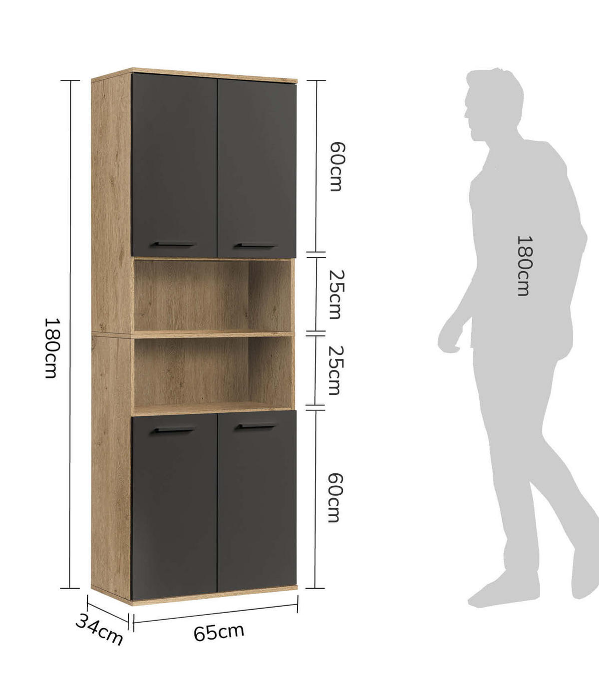 BAD HOCHSCHRANK Der Kapitän - Anthrazit, Holzwerkstoff (65/180/34cm) - Mokebo