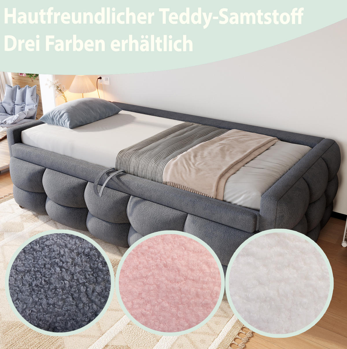 POLSTERBETT 90/180/190 cm Grau aus Teddy-Samtstoff mit Ausziehfunktion - Grau, Textil (90/190cm) - OKMYHOME
