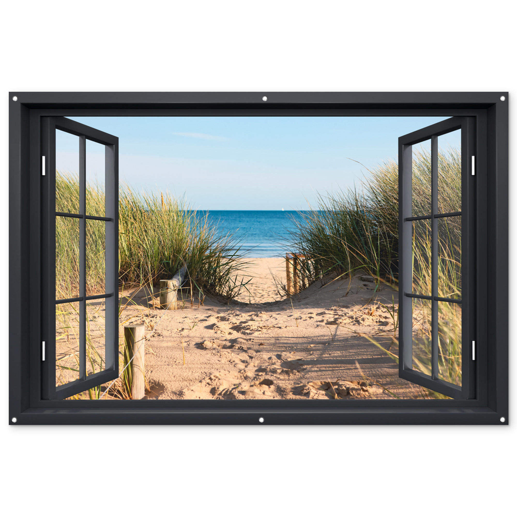GARTENPOSTER Durchblick - Strand - Meer - Sand - Wasser - Strandhafer - Dünen 180x120 cm - Sandfarben, Kunststoff (180/120/0.2cm) - OnlyWow