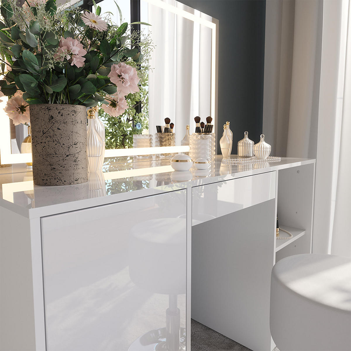 SCHMINKTISCH Sherry Weiß/Weiß Hochglanz 128.2 cm mit LED-Spiegel und Hocker - Weiß Hochglanz, Holzwerkstoff (128.2/76/50.1cm) - Vicco