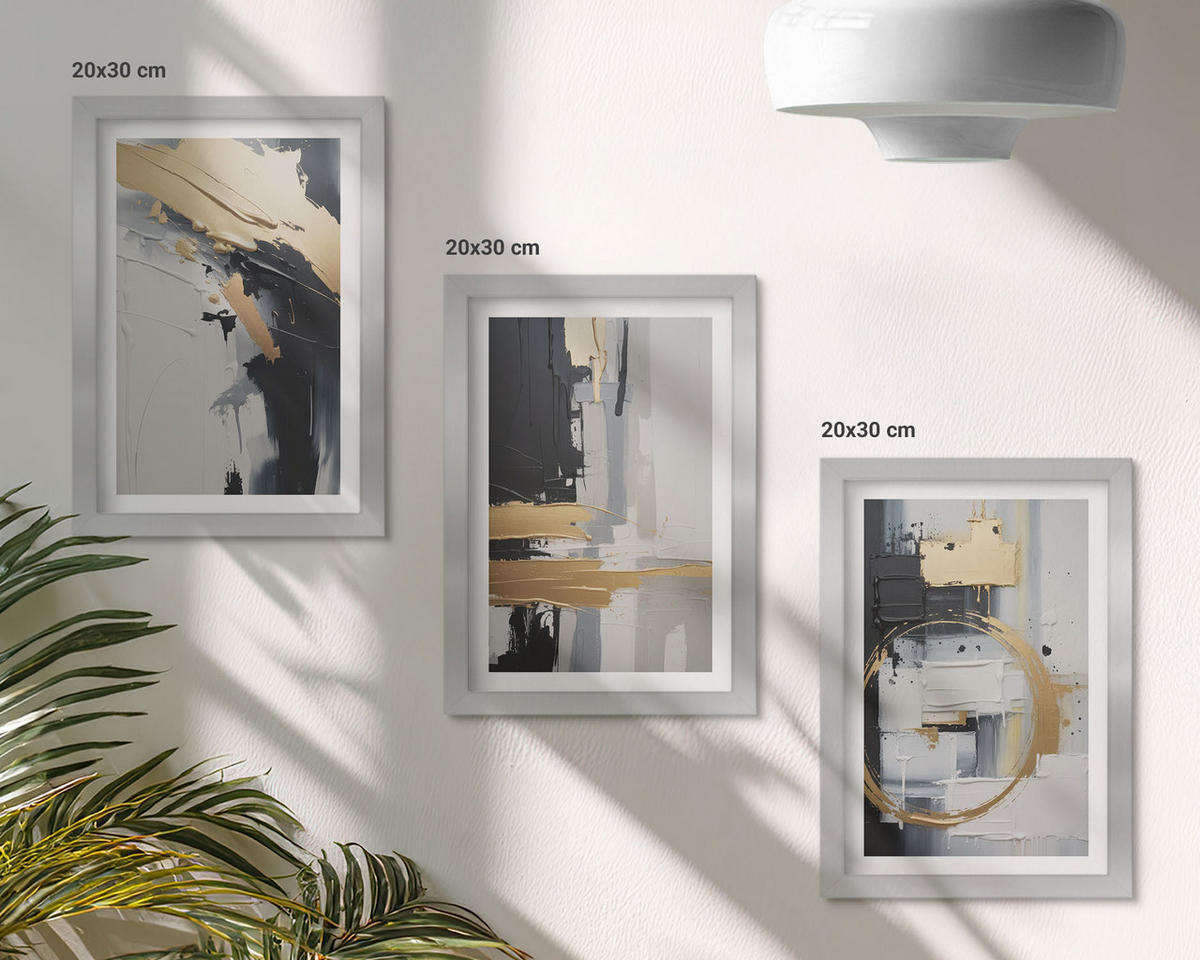WANDBILDER 3er Set - 20x30 cm Silberner Rahmen - Abstrakte Schwarz-Weiß-Malerei - Silberfarben, Kunststoff (20/30cm) - ArtPrintCave