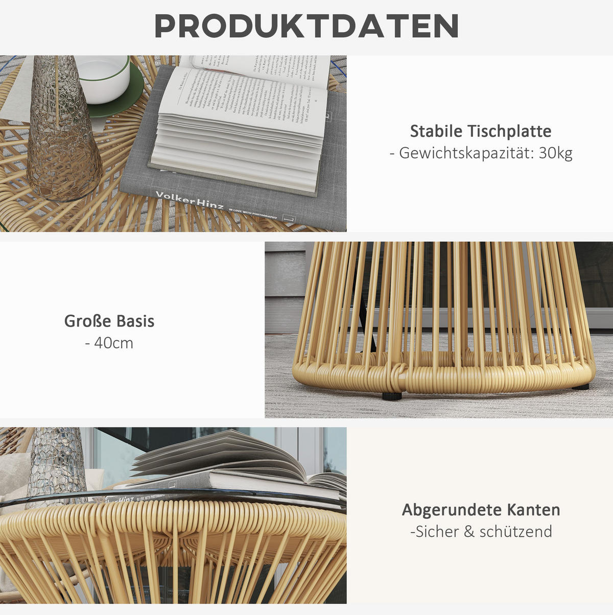 BEISTELLTISCH aus Rattan 40x40x42 cm Beige mit Glasplatte im Boho-Stil - Beige, Kunststoff (40/40/42cm) - Modfu