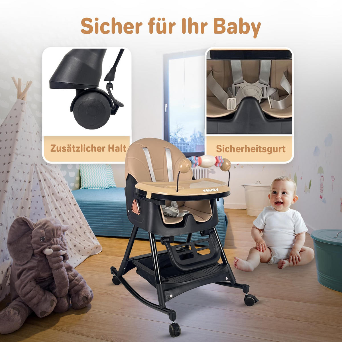 HOCHSTUHL Baby mit Liegefunktion und Tisch Schwarz und Beige - Beige/Schwarz, Kunststoff (54/95/52cm) - Twinky