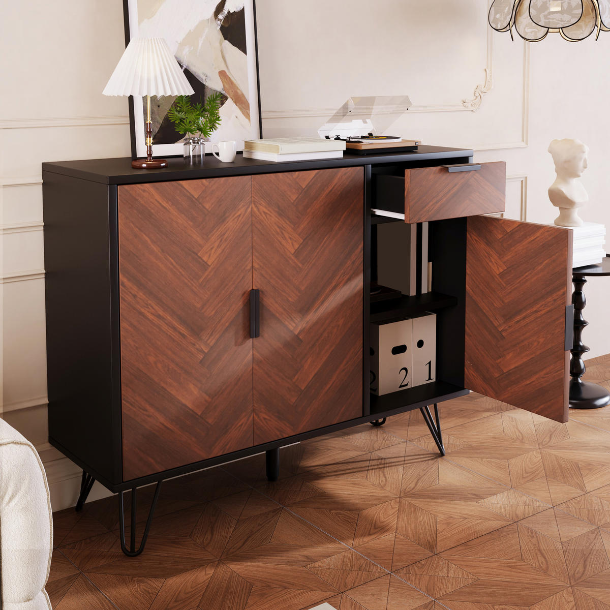 SIDEBOARD mit Schublade und höhenverstellbaren Einlegeböden, 90/30/71,5 cm, Schwarz und Holzoptik - Naturfarben, Holzwerkstoff (90/71.5/30cm) - Redom