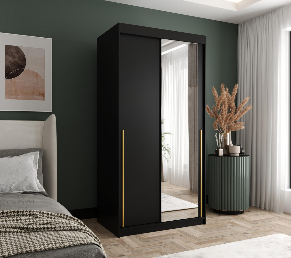 SCHIEBETÜRENSCHRANK mit Spiegel 100 cm Breite, schwarz mit goldenem Griff - Goldfarben/Schwarz, Holzwerkstoff (250/200/62cm) - Home Collective