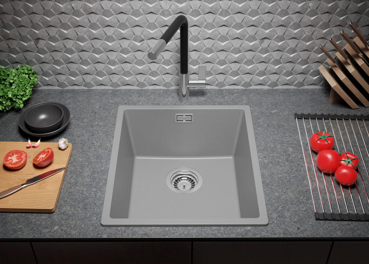 GRANITSPÜLE London Slim, 2-er set Grau 41/47 cm 1 Becken + Küchenarmatur 40/20 cm + Ablauf-Set ab 45er Unterschrank - Grau, Kunststoff (41/20/47cm) - Primagran