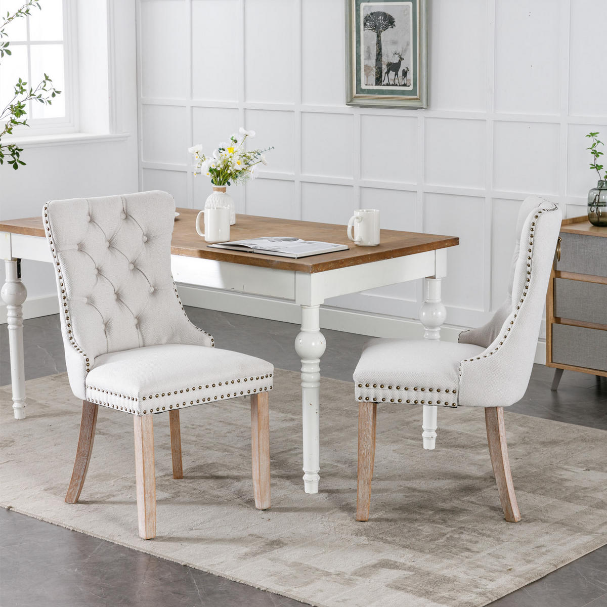 STUHL-SET DE-36335 2 Stück mit Leinenbezug Beige - Beige, Holz (50/95/65cm) - ComfortXL