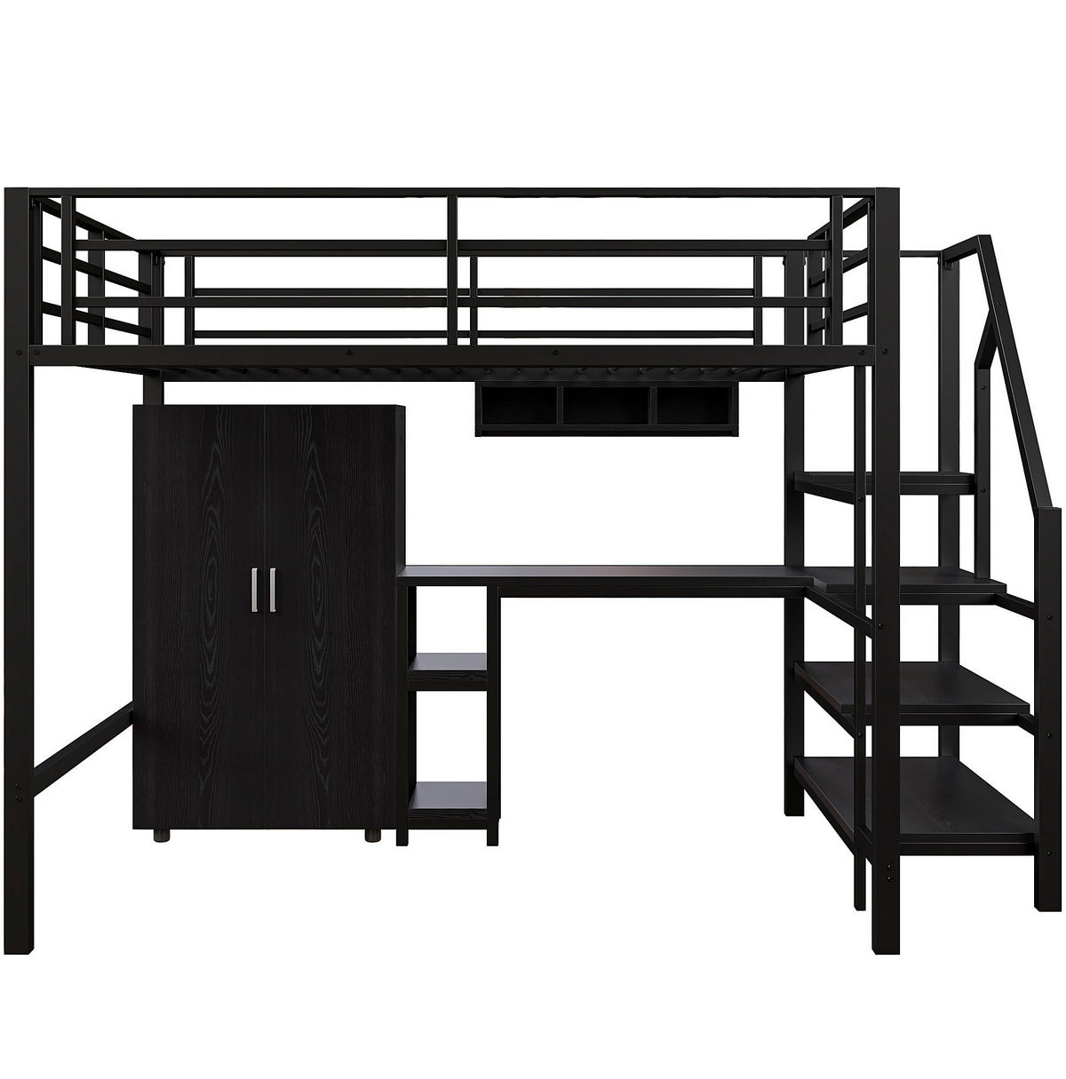 HOCHBETT 140/200 cm Schwarz mit Kleiderschrank und Schreibtisch ohne Matratze - Schwarz, Metall (140/200cm) - MIVRAY